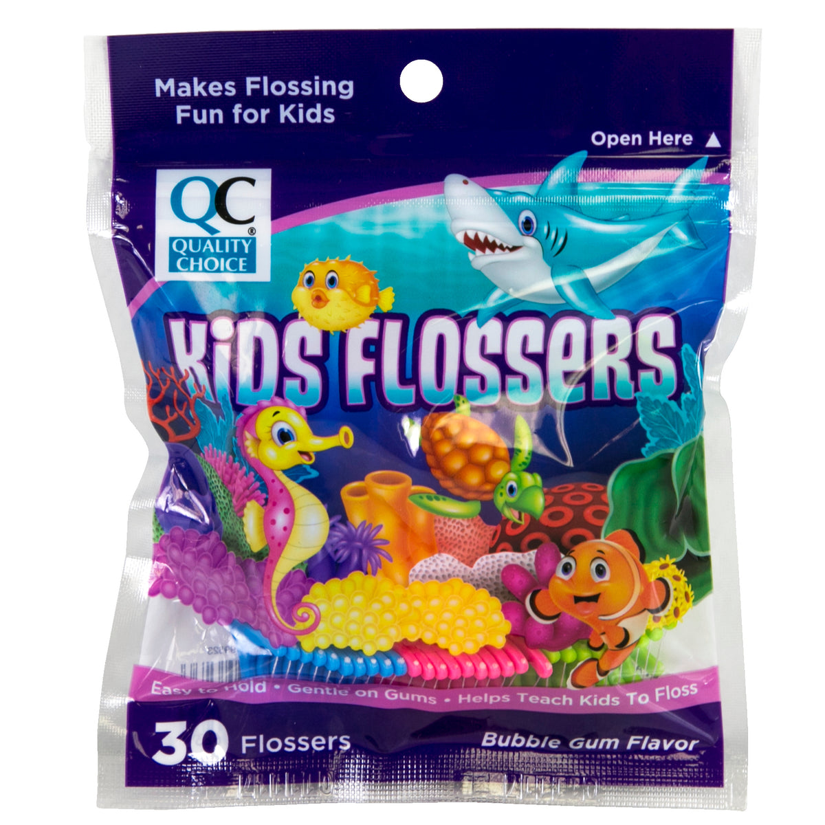 QC KIDS FLOSSERS, BUBBLE GUM FLAVOR (30 FLOSSERS)