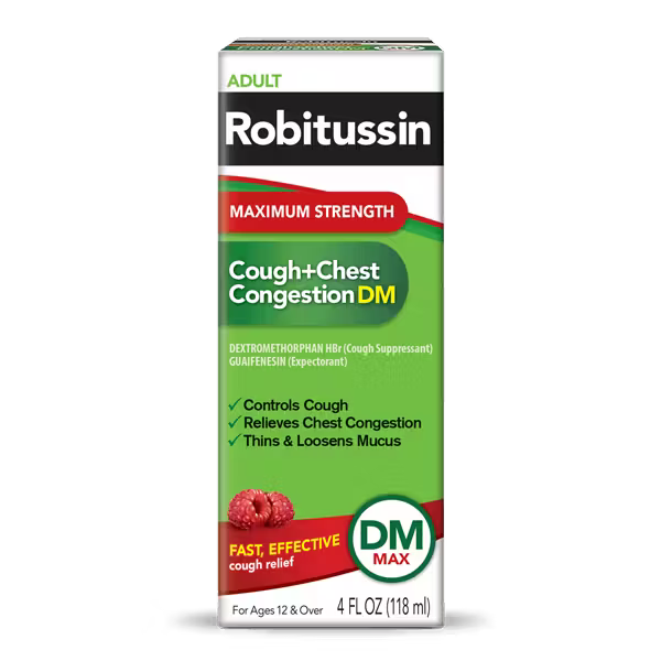 Robitussin Adult Maximum Strength Cough + Chest Congestion DM Max (8 fl. oz. Bottle), Cough Suppressant & Expectorant, Raspberry Flavor